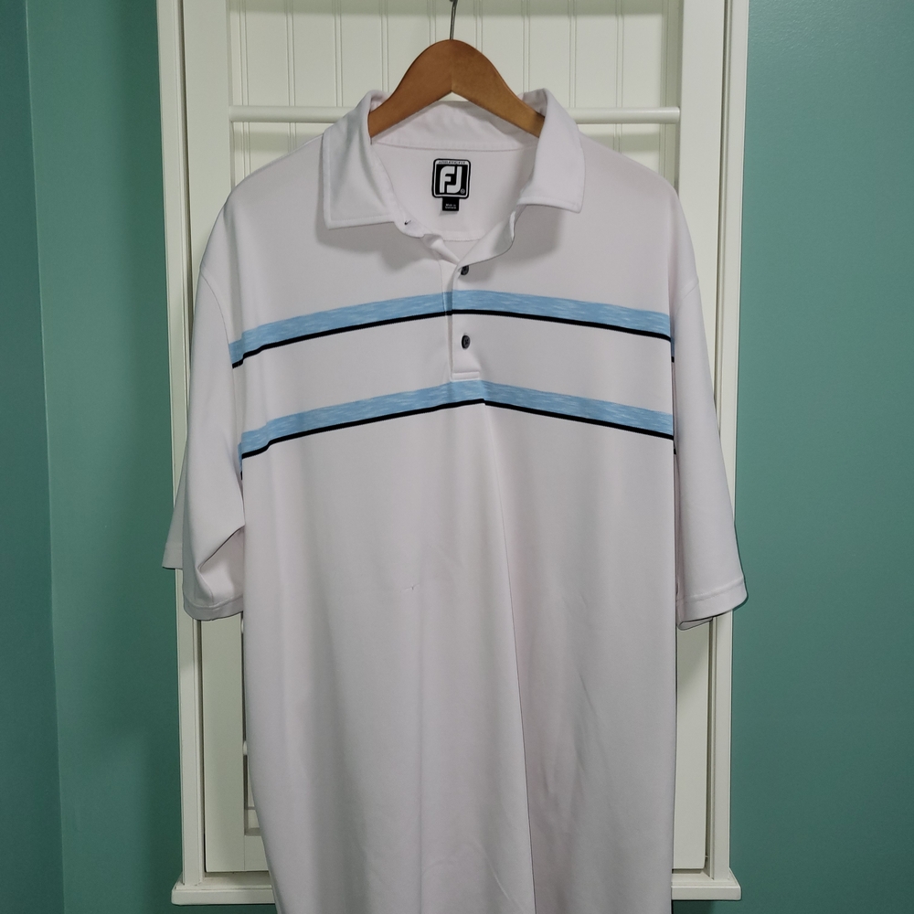FootJoy Men's Polo Shirt in White with Light Blue and Navy Stripes